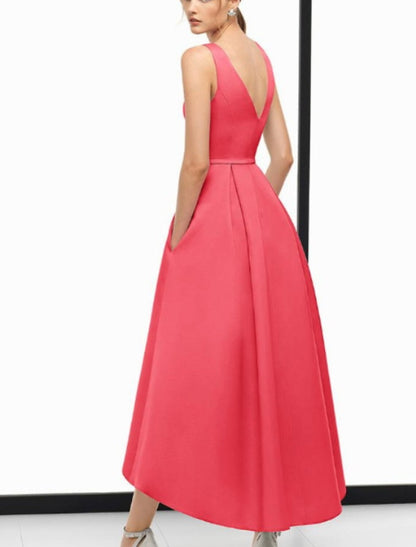 A-Line Evening Gown Vintage Dress Wedding Guest Ankle Length Sleeveless V Neck Pocket Satin with Pocket