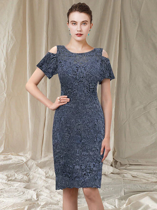 Wholesa Sheath / Column Mother of the Bride Dress Elegant Jewel Neck Knee Length Chiffon Lace Short Sleeve with Appliques