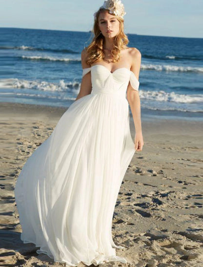 Beach Sexy Boho Wedding Dresses A-Line Off Shoulder Cap Sleeve Floor Length Chiffon Bridal Gowns With Pleats