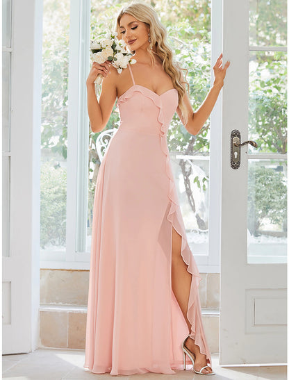 A-Line Wedding Guest Dresses Casual Dress Party Wear Floor Length Sleeveless Spaghetti Strap Chiffon with Ruffles Slit