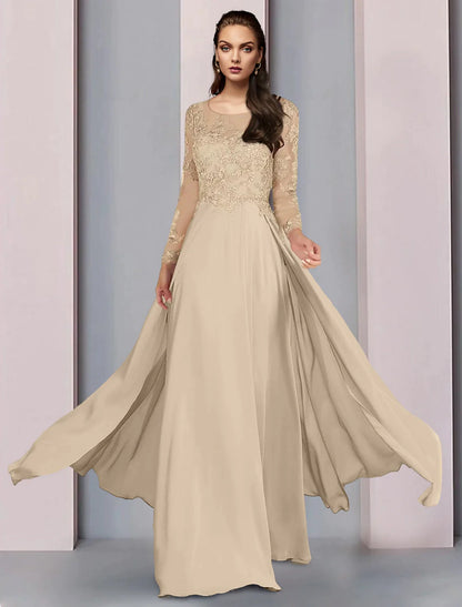 A-Line Mother of the Bride Dress Wedding Guest Party Elegant Scoop Neck Floor Length Chiffon Half Sleeve with Lace Ruching