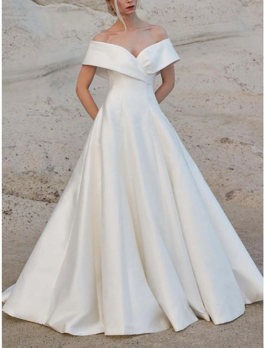 Hall Formal Wedding Dresses A-Line Off Shoulder Short Sleeve Sweep / Brush Train Satin Bridal Gowns With Pleats Solid Color