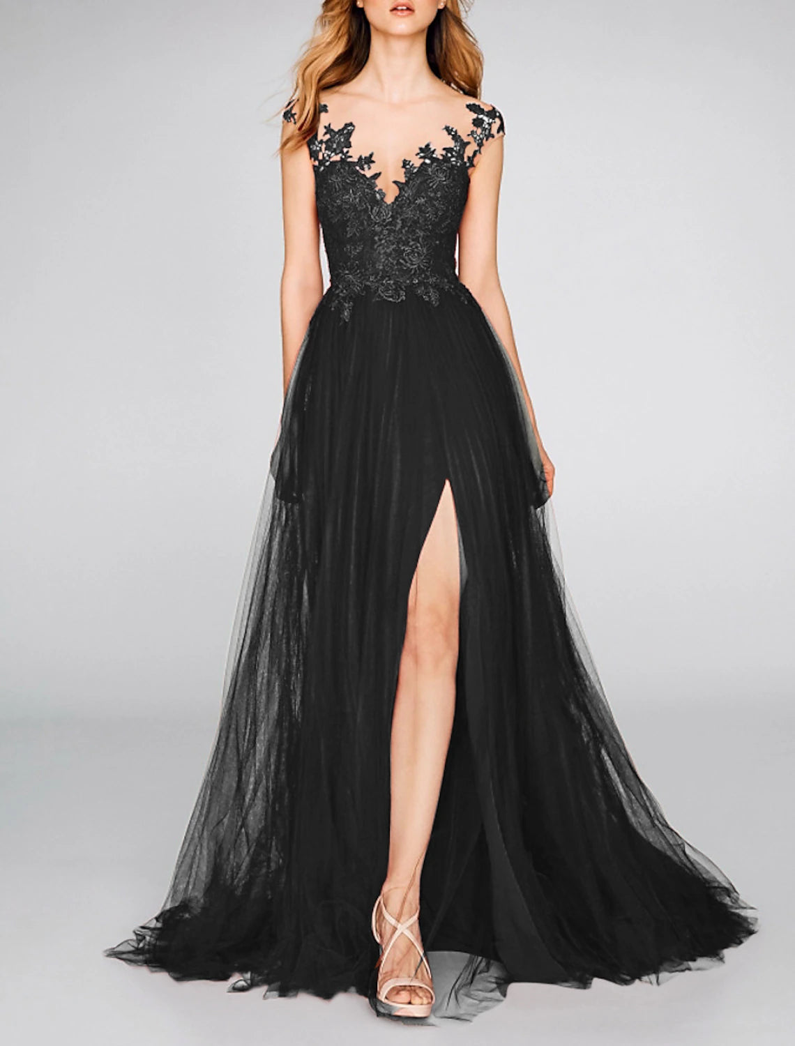 A-Line Evening Gown Party Dress Sexy Dress Engagement Prom Court Train Sleeveless V Neck Chiffon with Slit Appliques