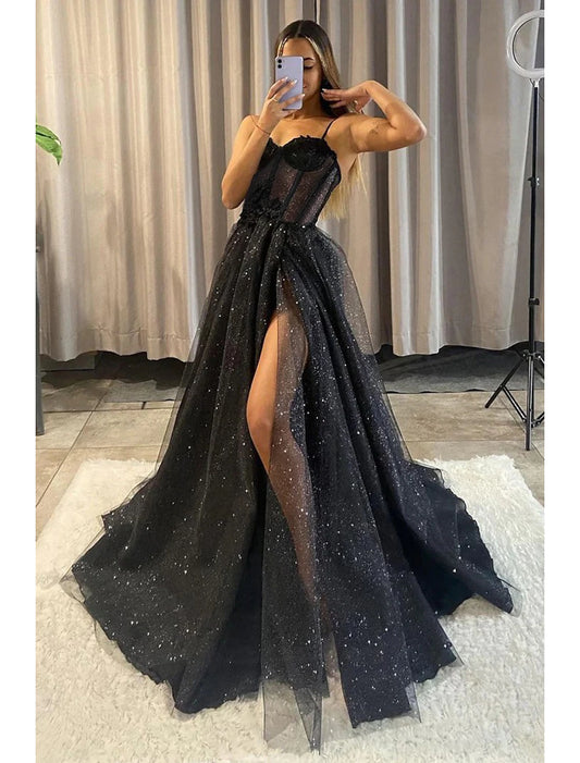 A-Line Prom Dresses Glitter Black Wedding Dresses Formal Gothic Dress Floor Length Sleeveless Sweetheart Spaghetti Tulle with Slit