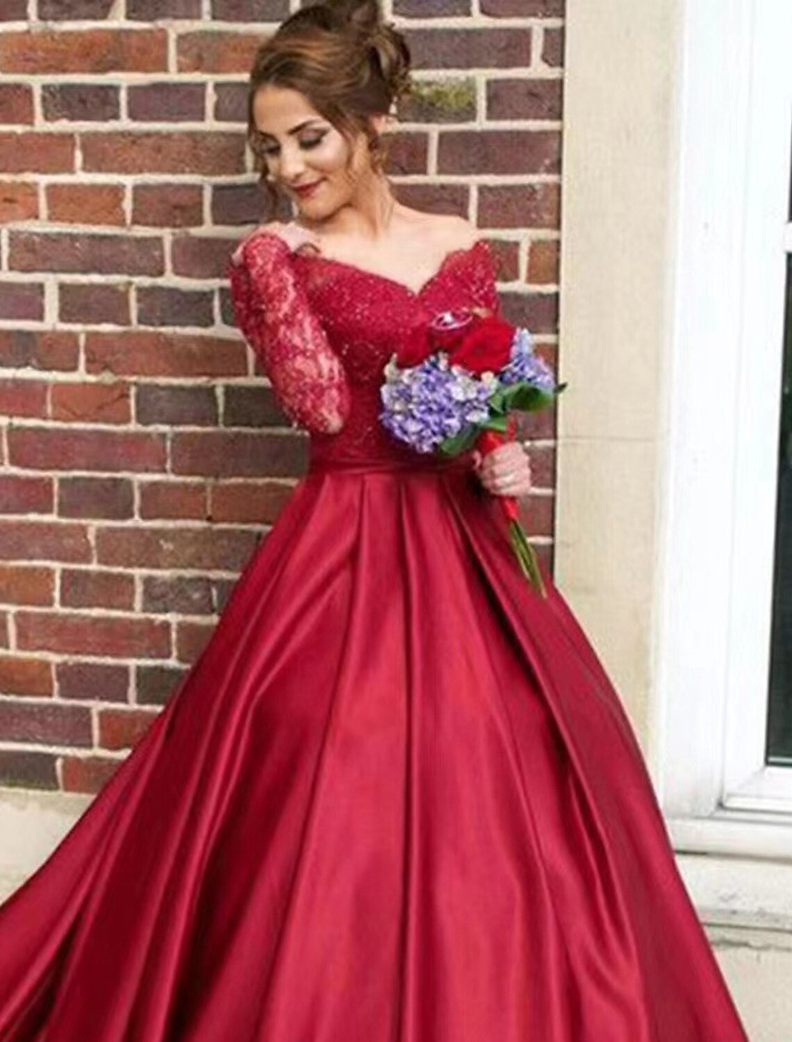 A-Line Evening Gown Floral Dress Sweet 16 Chapel Train Long Sleeve V Neck Satin with Appliques