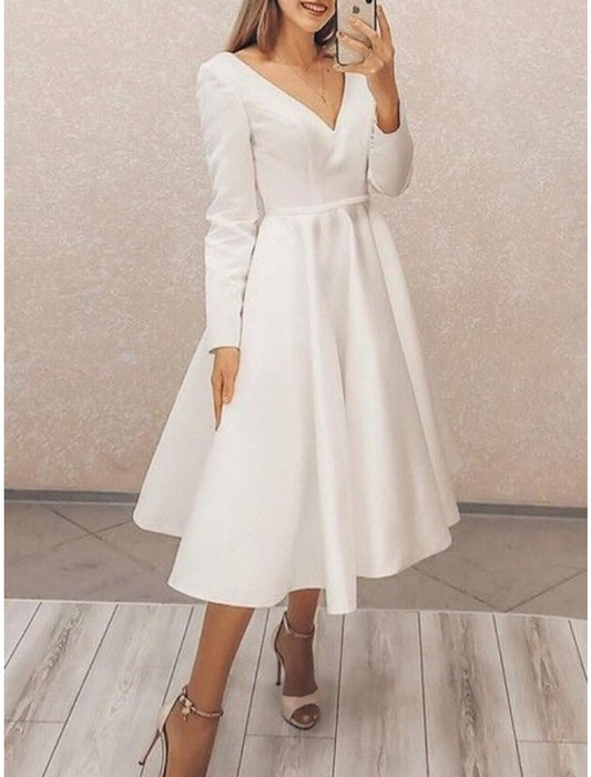 Little White Dresses Wedding Dresses A-Line V Neck Long Sleeve Tea Length Satin Bridal Gowns With Pleats Solid Color