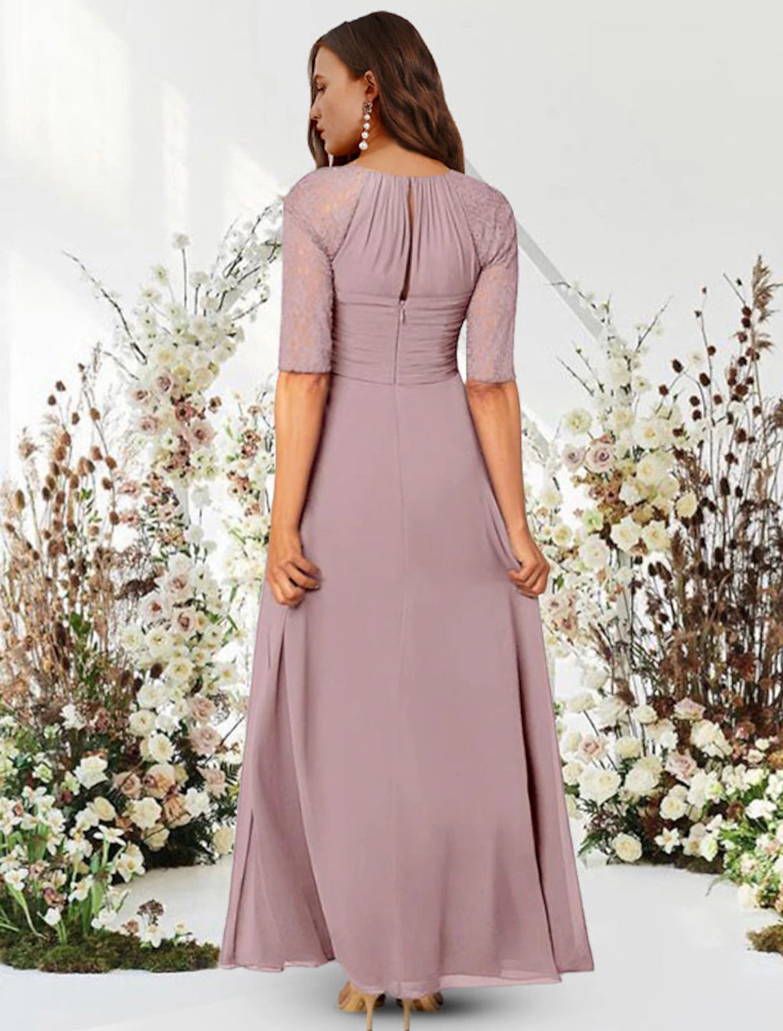 A-Line Evening Gown Elegant Dress Wedding Guest Floor Length Half Sleeve Jewel Neck Chiffon with Pleats Ruched