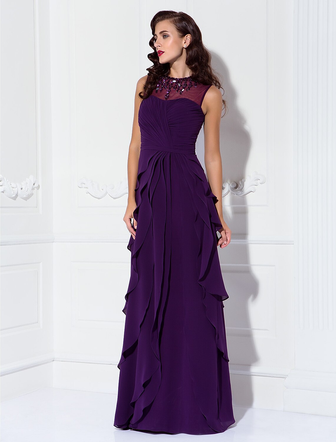 Sheath / Column Mother of the Bride Dress Elegant Jewel Neck Floor Length Georgette Sleeveless No with Criss Cross Ruched Beading