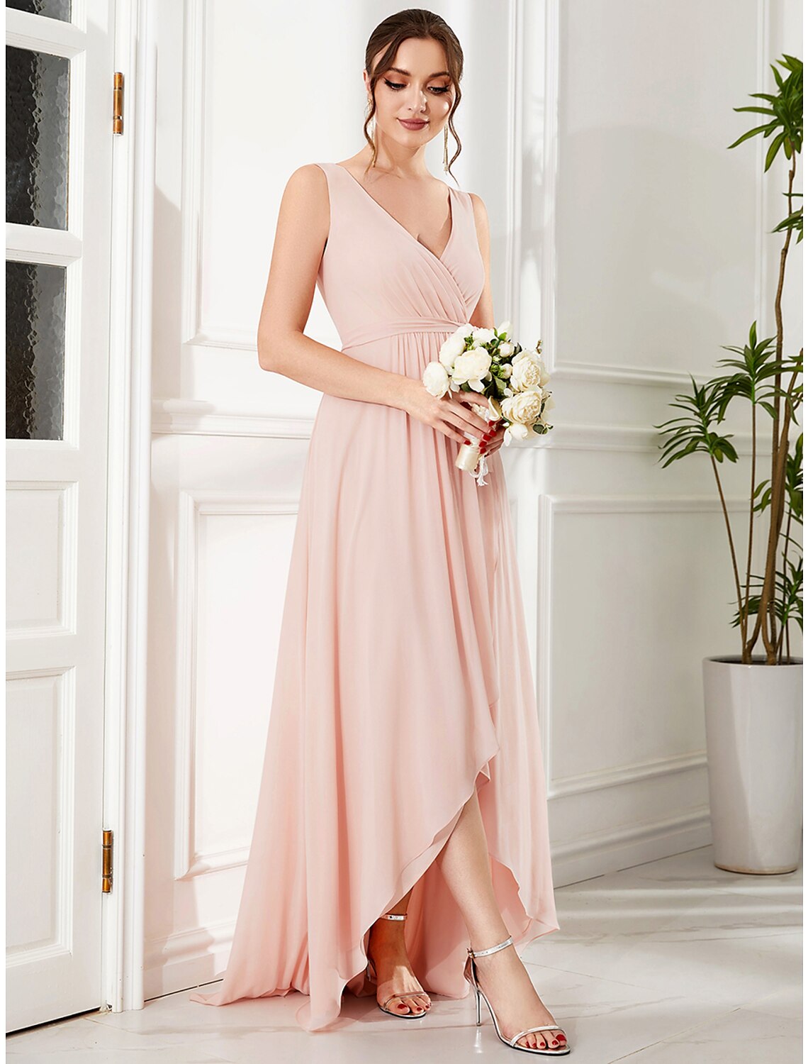 A-Line Wedding Guest Dresses Elegant Dress Party Wear Wedding Party Asymmetrical Sleeveless Spaghetti Strap Bridesmaid Dress Chiffon with Ruffles