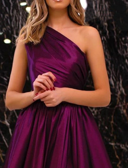 A-Line Evening Gown Elegant Dress Wedding Guest Engagement Floor Length Sleeveless One Shoulder Satin with Pleats Slit