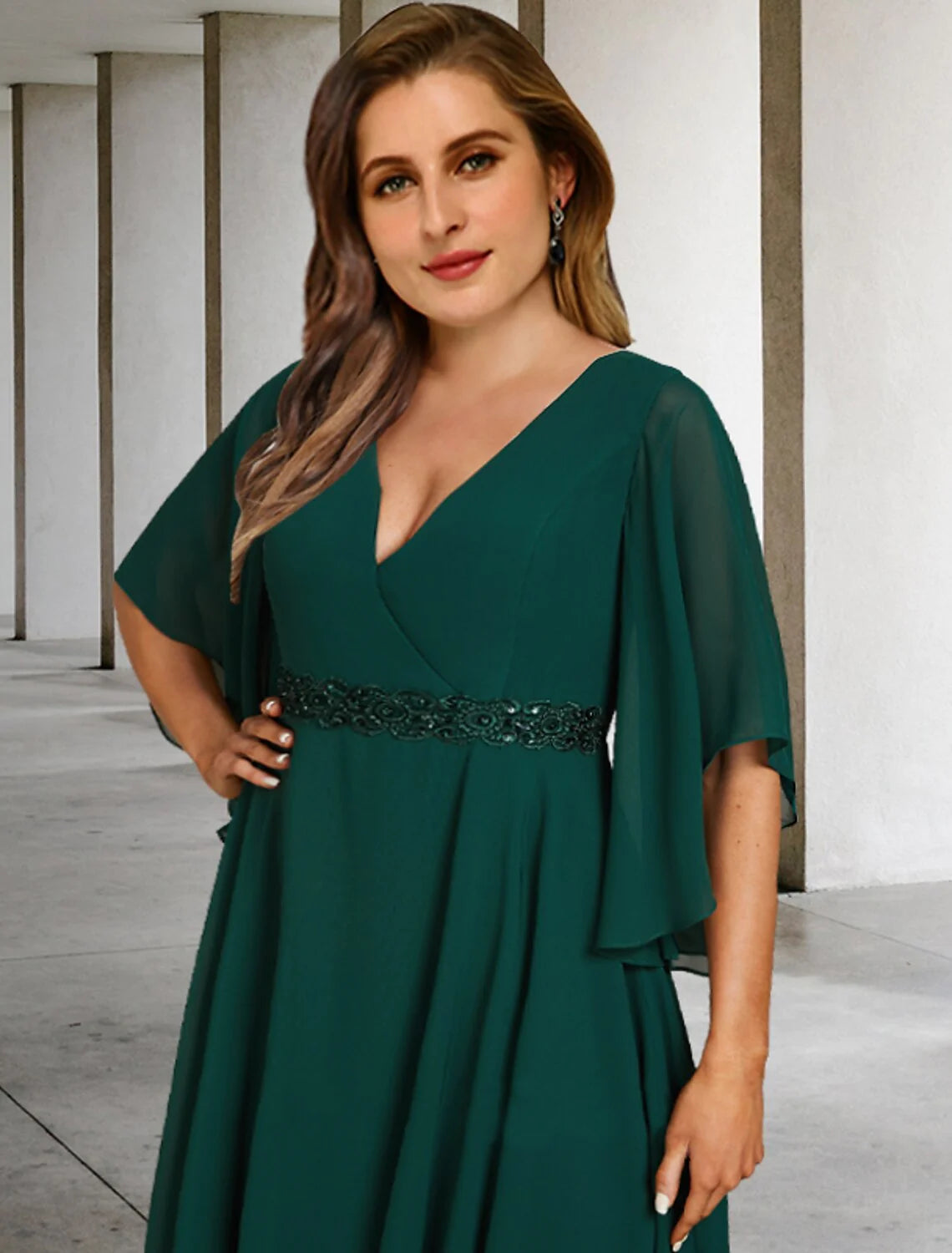 A-Line Mother of the Bride Dresses Plus Size Hide Belly Curve Elegant Dress Formal Sweep / Brush Train Half Sleeve V Neck Chiffon with Ruffles Strappy