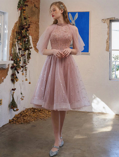 A-Line Cocktail Dresses Party Dress Engagement Knee Length 3/4 Length Sleeve Jewel Neck Tulle with Sequin Appliques