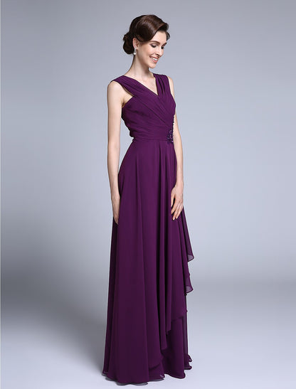 Sheath / Column Mother of the Bride Dress Elegant V Neck Floor Length Chiffon Sleeveless No with Criss Cross Sequin