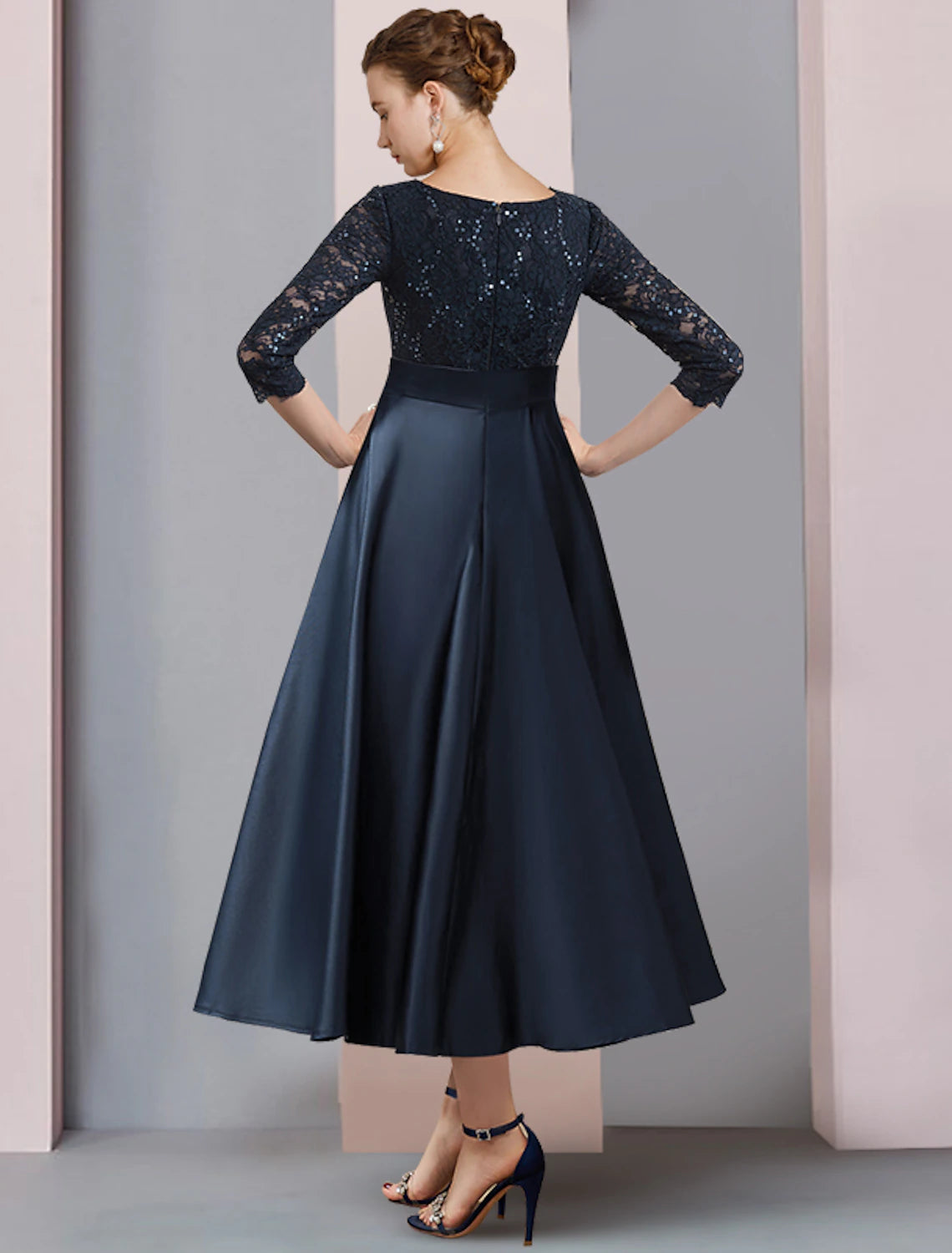 A-Line Mother of the Bride Dress Wedding Guest Vintage Elegant V Neck Tea Length Satin Lace 3/4 Length Sleeve with Bow(s) Pleats Sequin