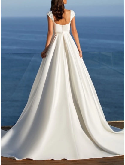 Beach Casual Wedding Dresses A-Line Sweetheart Cap Sleeve Court Train Satin Bridal Gowns With Pleats Split Front