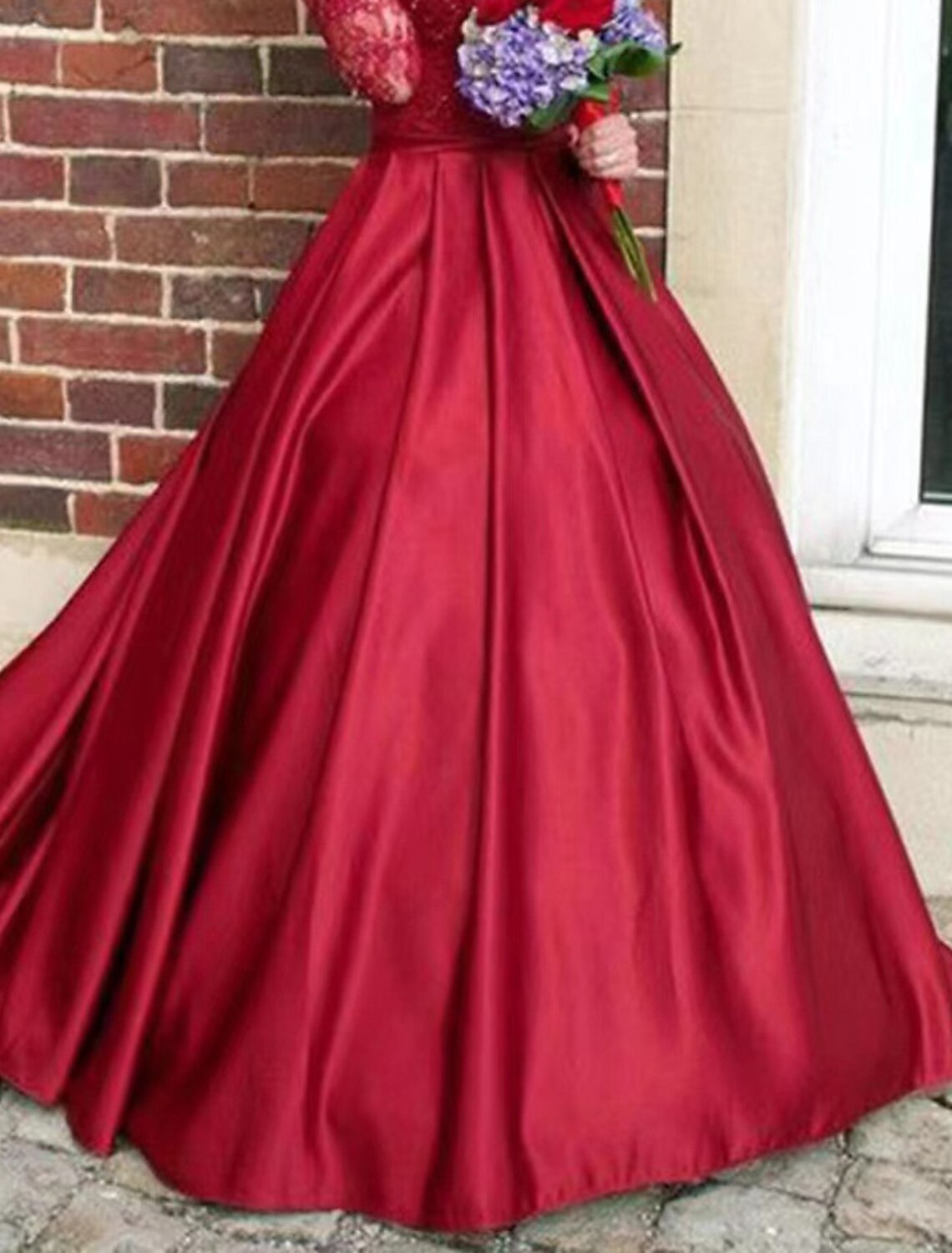 A-Line Evening Gown Floral Dress Sweet 16 Chapel Train Long Sleeve V Neck Satin with Appliques