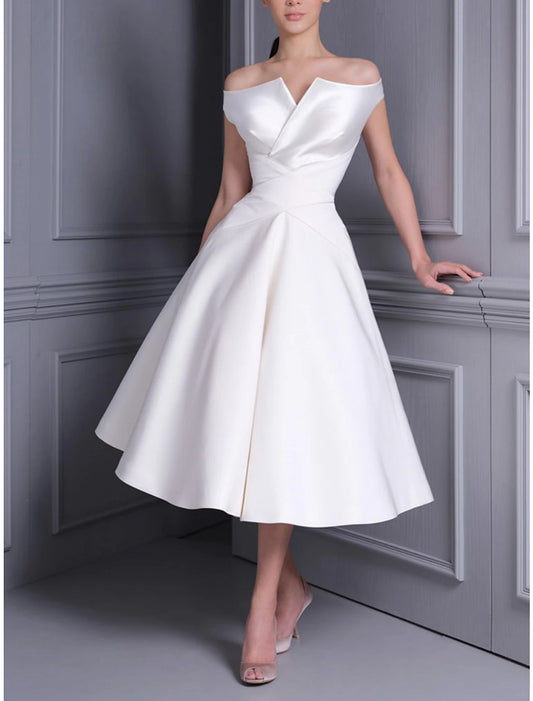 Little White Dresses Wedding Dresses A-Line Off Shoulder Cap Sleeve Tea Length Satin Bridal Gowns With Pleats Solid Color