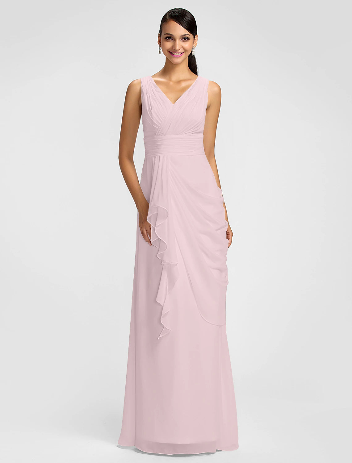 Sheath / Column V Neck Floor Length Chiffon Bridesmaid Dress with Draping / Sash / Ribbon / Side Draping