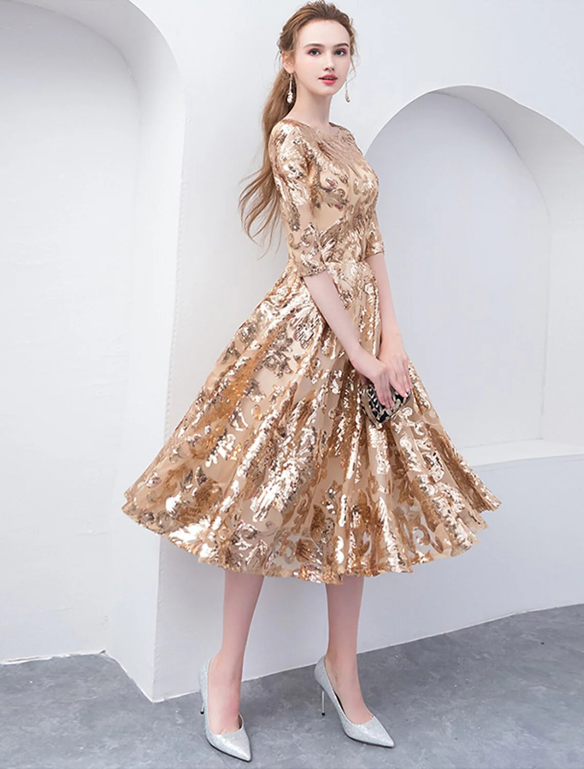 A-Line Cocktail Dresses Party Dress Holiday Wedding Guest Tea Length Half Sleeve Jewel Neck Sequined