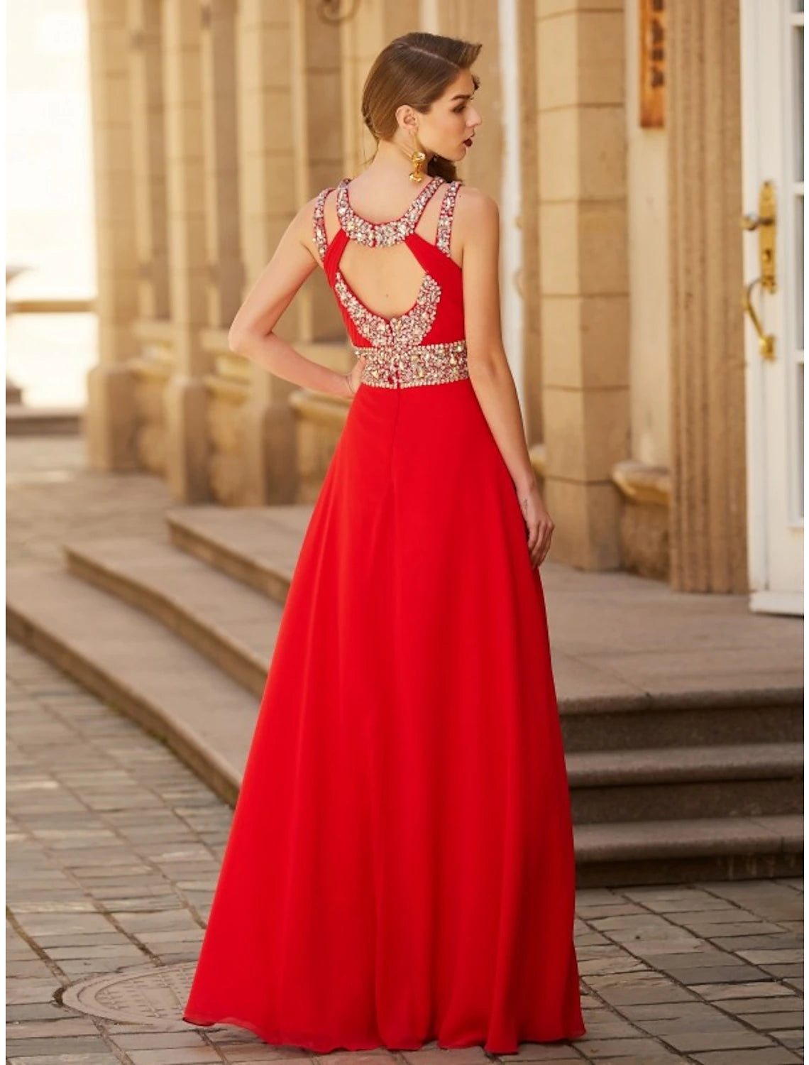 A-Line Evening Gown Sparkle & Shine Dress Party Wear Floor Length Sleeveless Halter Chiffon with Rhinestone Slit