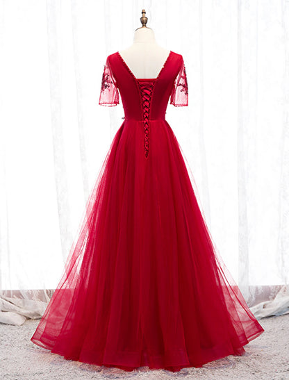 A-Line Prom Dresses Luxurious Dress Wedding Guest Floor Length Short Sleeve Spaghetti Strap Tulle with Beading Appliques