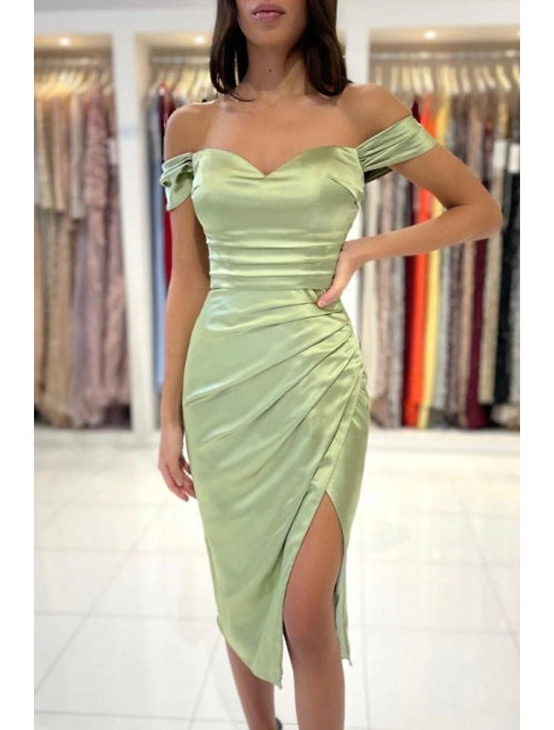 Mermaid / Trumpet Prom Dresses Minimalist Dress Cocktail Party Prom Tea Length Sleeveless Sweetheart Bridesmaid Dress Charmeuse Backless with Pleats Ruched