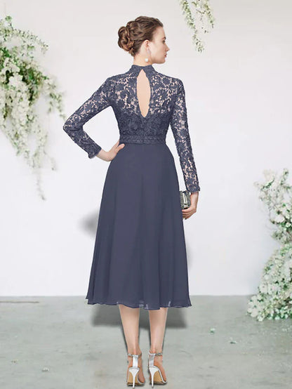 A-Line Mother of the Bride Dress Elegant High Neck Tea Length Chiffon Lace Long Sleeve with Appliques Solid Color