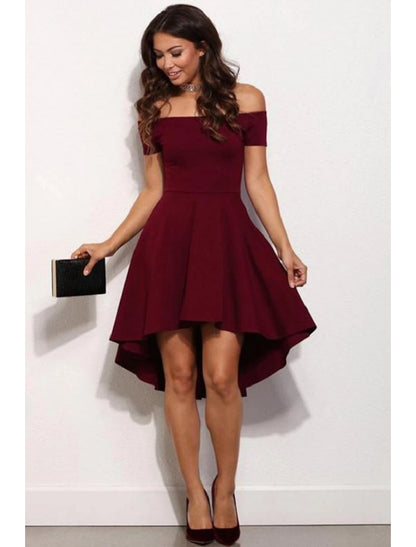 A-Line Fairy Cute Homecoming Party Wear Dress Off Shoulder Short Sleeve Short / Mini Stretch Satin with Pure Color