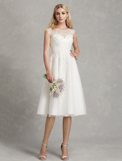 Reception Little White Dresses Wedding Dresses A-Line Illusion Neck Cap Sleeve Knee Length Lace Bridal Gowns With Appliques