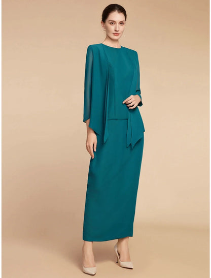 Sheath / Column Mother of the Bride Dress Wedding Guest Elegant Simple Jewel Neck Ankle Length Chiffon Long Sleeve with Split Front Ruching Solid Color