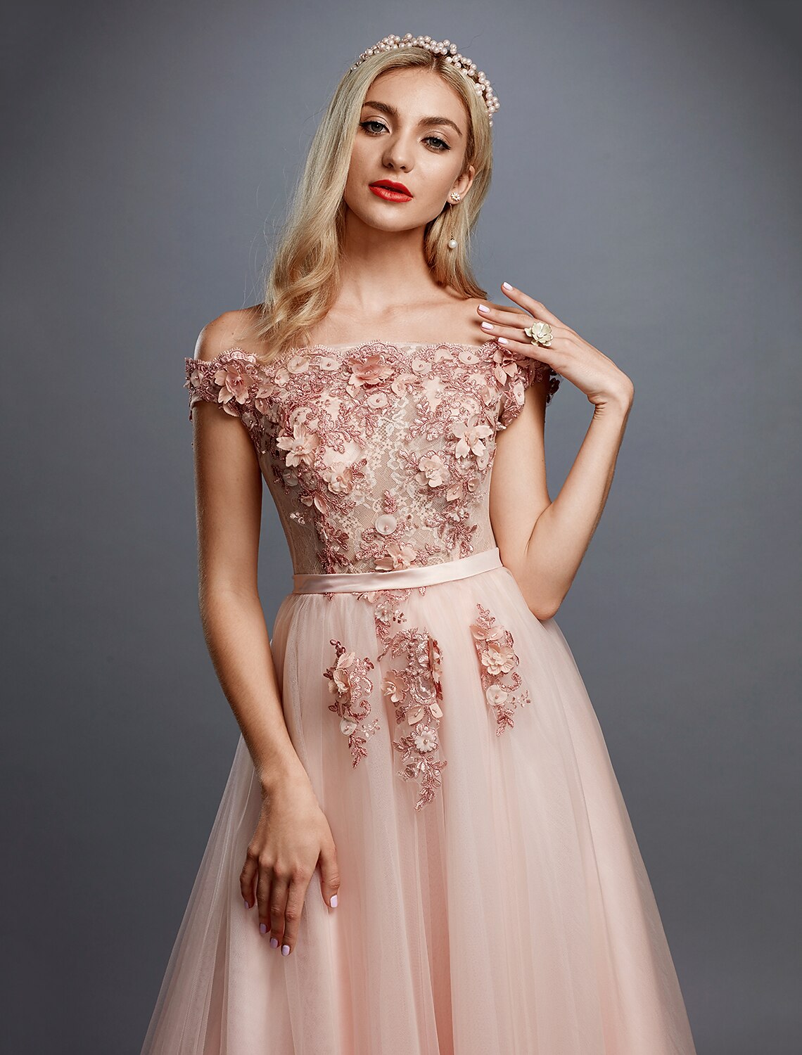 A-Line Floral Dress Wedding Guest Sweep / Brush Train Sleeveless Off Shoulder Tulle Over Lace with Appliques