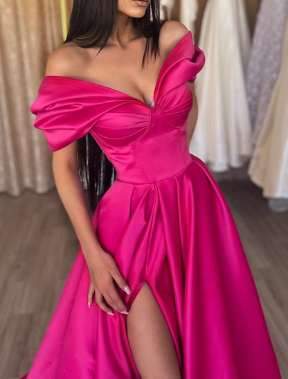 A-Line Evening Gown Party Dress Sexy Dress Prom Birthday Floor Length Short Sleeve Off Shoulder Satin with Slit Pure Color