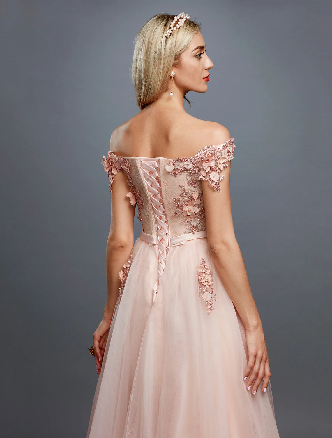 A-Line Floral Dress Wedding Guest Prom Sweep / Brush Train Sleeveless Off Shoulder Tulle Over Lace with Appliques