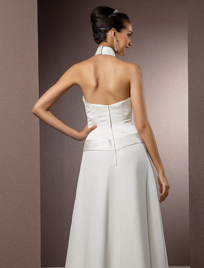 Hall Wedding Dresses Sheath / Column Halter Neck Sleeveless Floor Length Satin Bridal Gowns With Sash / Ribbon