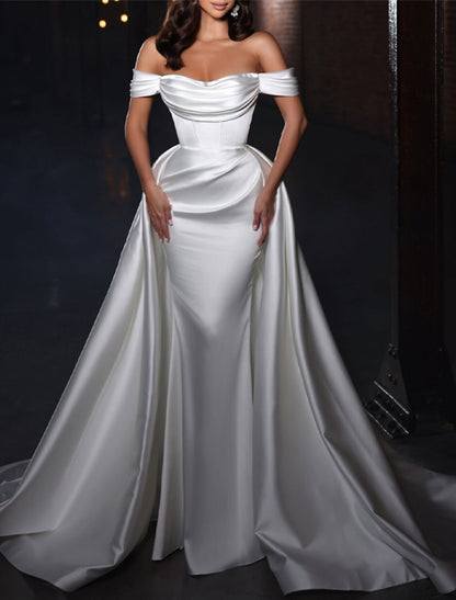 Engagement Formal Wedding Dresses Sheath / Column Off Shoulder Cap Sleeve Chapel Train Satin Bridal Gowns With Ruched Solid Color