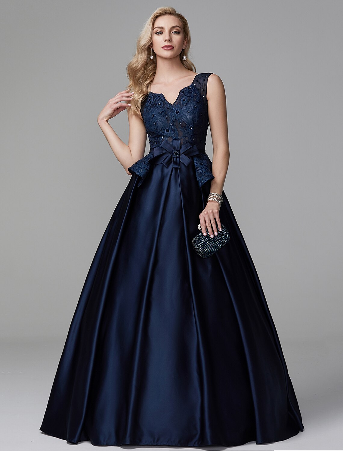 Ball Gown Peplum Quinceanera Formal Evening Dress V Neck Sleeveless Floor Length Lace with Bow(s) Beading