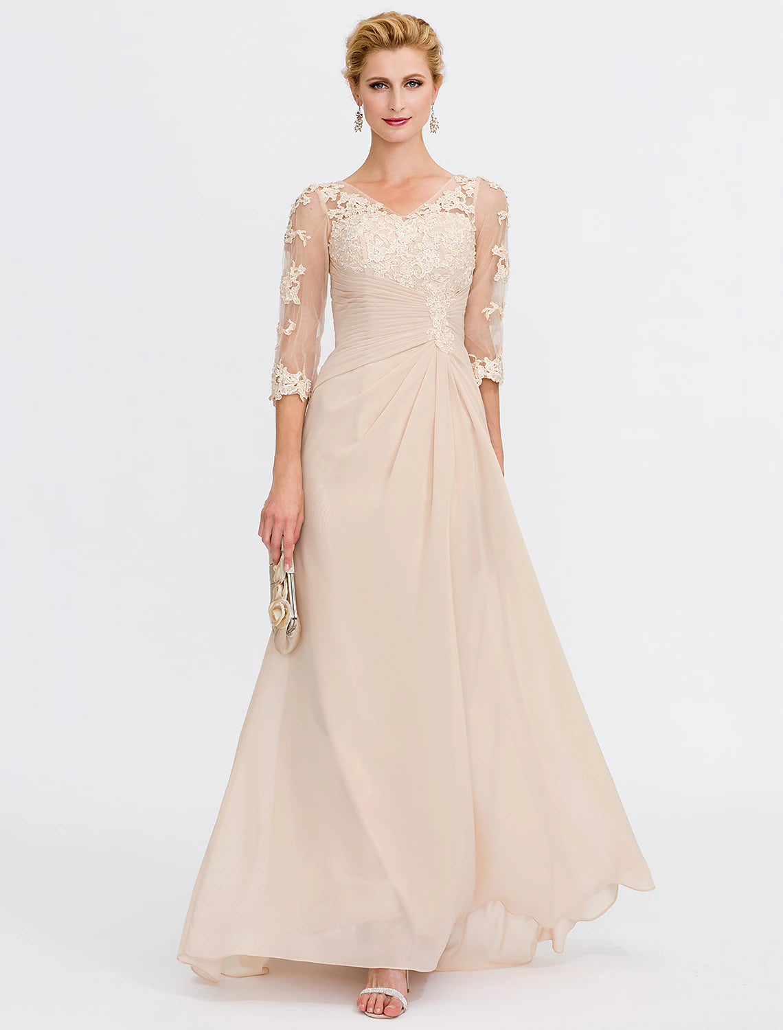 A-Line Mother of the Bride Dress Plus Size Elegant See Through V Neck Floor Length Chiffon Half Sleeve with Appliques Side Draping