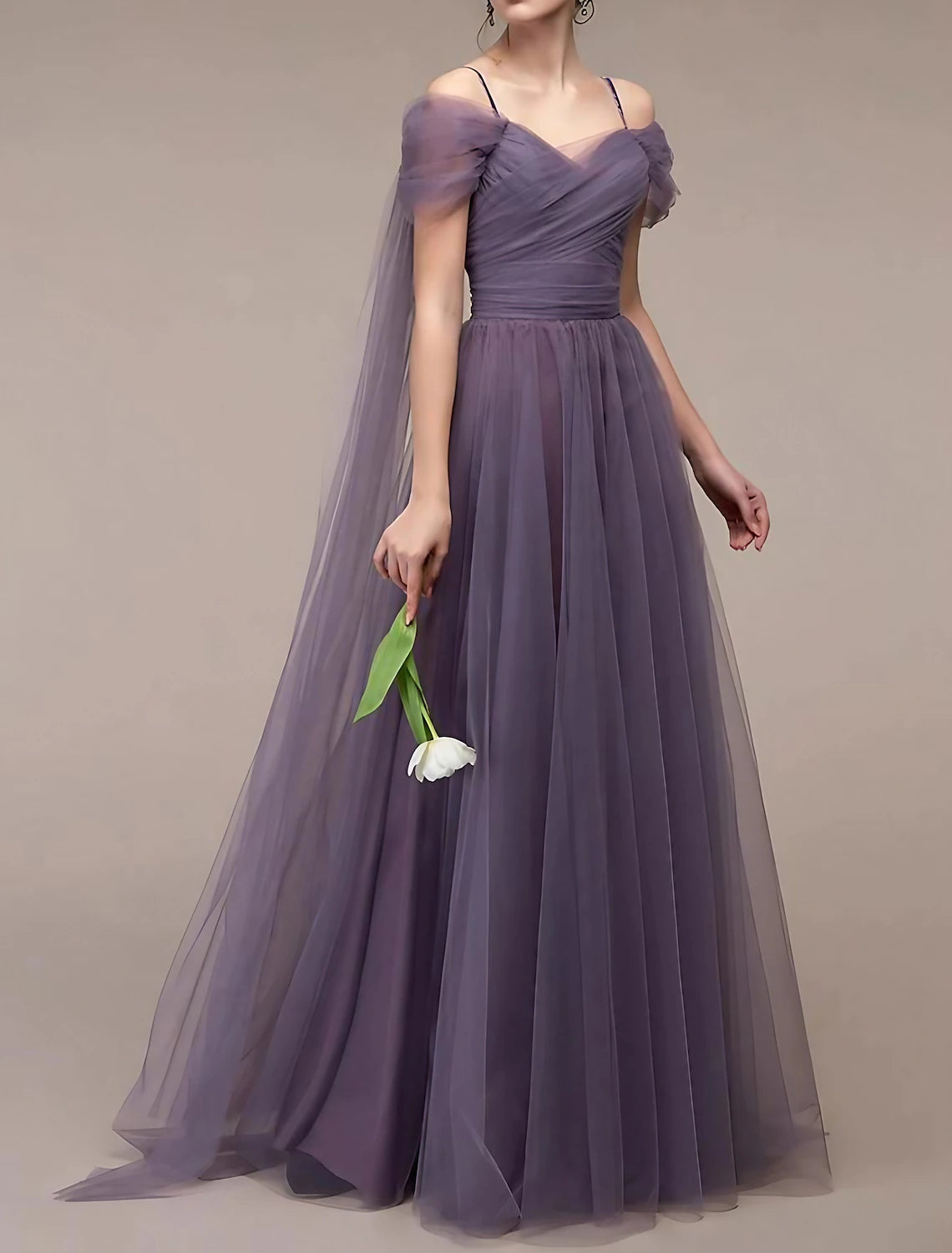 A-Line Wedding Guest Dresses Elegant Dress Evening Party Summer Sweep / Brush Train Sleeveless Off Shoulder Tulle with Ruched