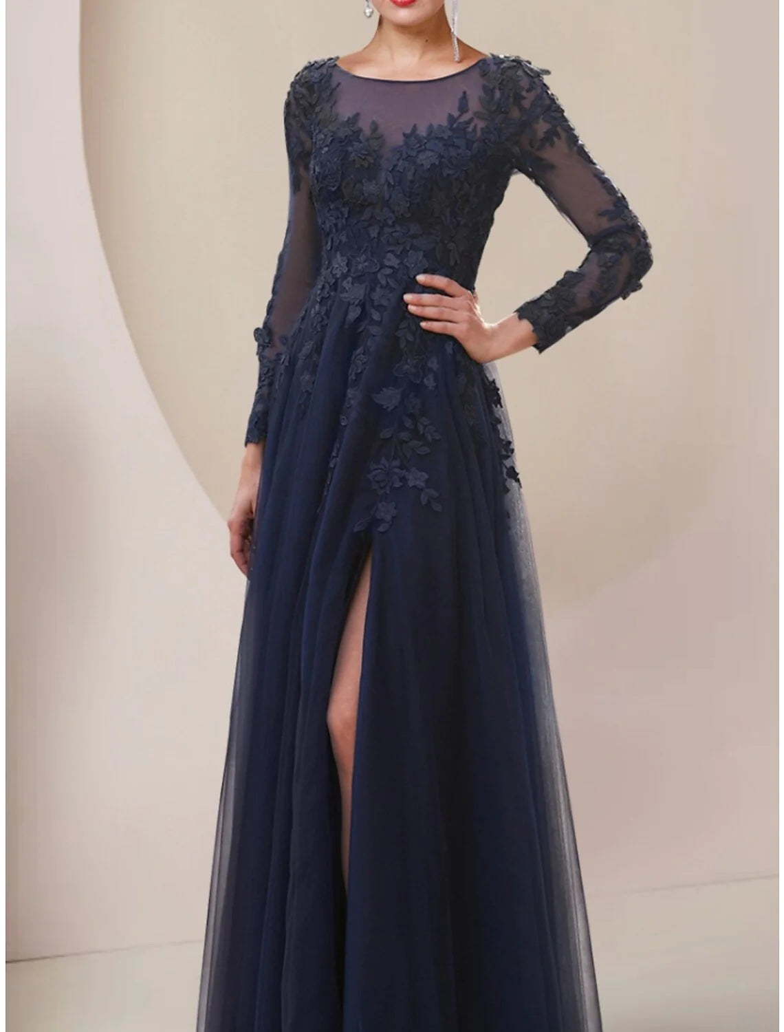 A-Line Mother of the Bride Dress Wedding Guest Elegant Scoop Neck Ankle Length Lace Tulle Long Sleeve with Split Front Ruching