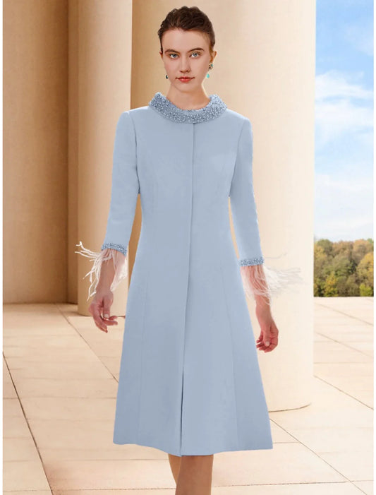 Two Piece Sheath / Column Mother of the Bride Dress Wedding Guest Elegant Petite Scoop Neck Knee Length Satin 3/4 Length Sleeve with Feather Beading