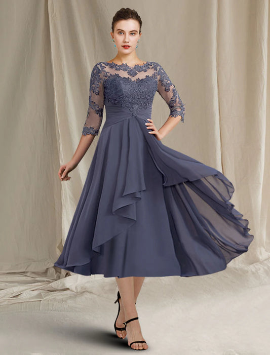 A-Line Mother of the Bride Dress Plus Size Elegant Jewel Neck Tea Length Chiffon Lace 3/4 Length Sleeve with Pleats Appliques