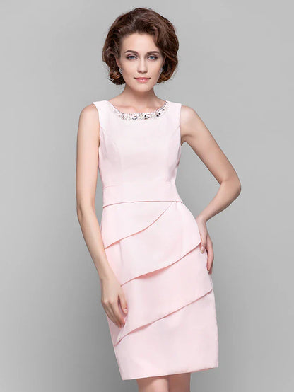 Sheath / Column Mother of the Bride Dress Jewel Neck Knee Length Chiffon Sleeveless with Crystals Beading Ruffles