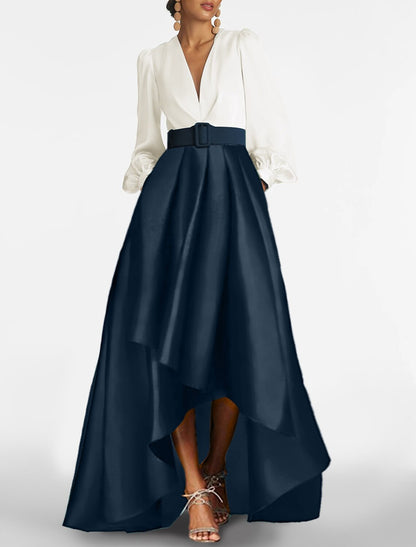 A-Line Cocktail Dresses Elegant Dress Formal Prom Asymmetrical 3/4 Length Sleeve V Neck Satin with Ruched