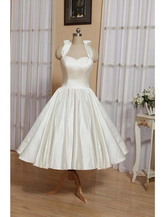 Reception Little White Dresses Wedding Dresses A-Line Halter Sleeveless Tea Length Satin Bridal Gowns With Bow(s) Pleats 2023 Summer Wedding Party