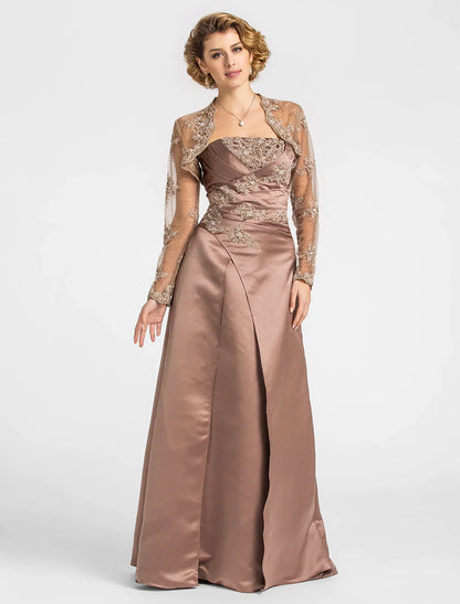 A-Line Mother of the Bride Dress Strapless Floor Length Satin Lace Sleeveless with Criss Cross Beading Appliques