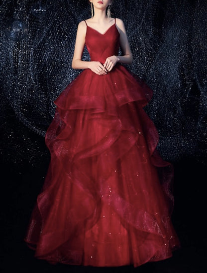 A-Line Evening Gown Elegant Dress Engagement Formal Evening Floor Length Sleeveless Spaghetti Strap Tulle with Tiered