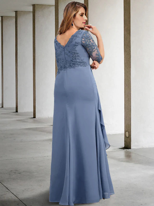 A-Line Plus Size Curve Mother of the Bride Dresses Elegant Dress Formal Floor Length Half Sleeve V Neck Chiffon with Pleats Appliques