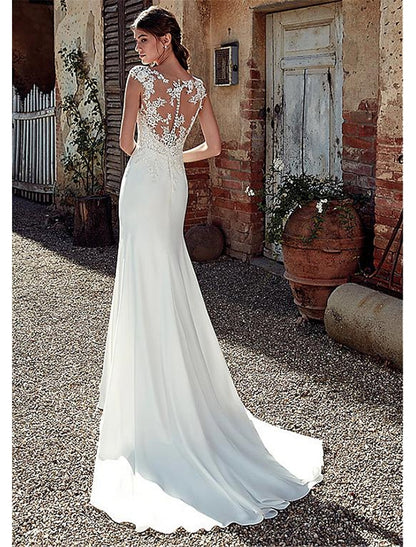 Beach Open Back Wedding Dresses Mermaid / Trumpet Illusion Neck Cap Sleeve Court Train Chiffon Outdoor Bridal Gowns With Appliques Summer Fall Wedding Party