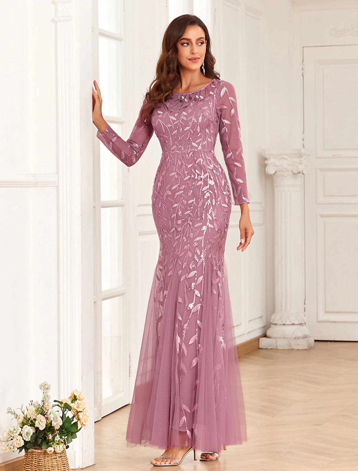 Mermaid / Trumpet Evening Gown Elegant Dress Prom Floor Length Long Sleeve Jewel Neck Tulle with Embroidery