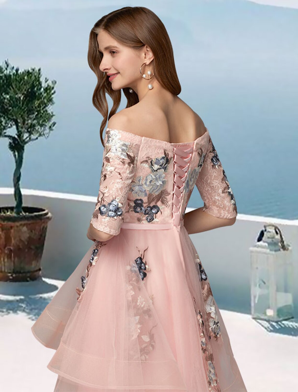 A-Line Prom Dresses Floral Dress Evening Party Asymmetrical Half Sleeve Off Shoulder Satin with Embroidery Appliques